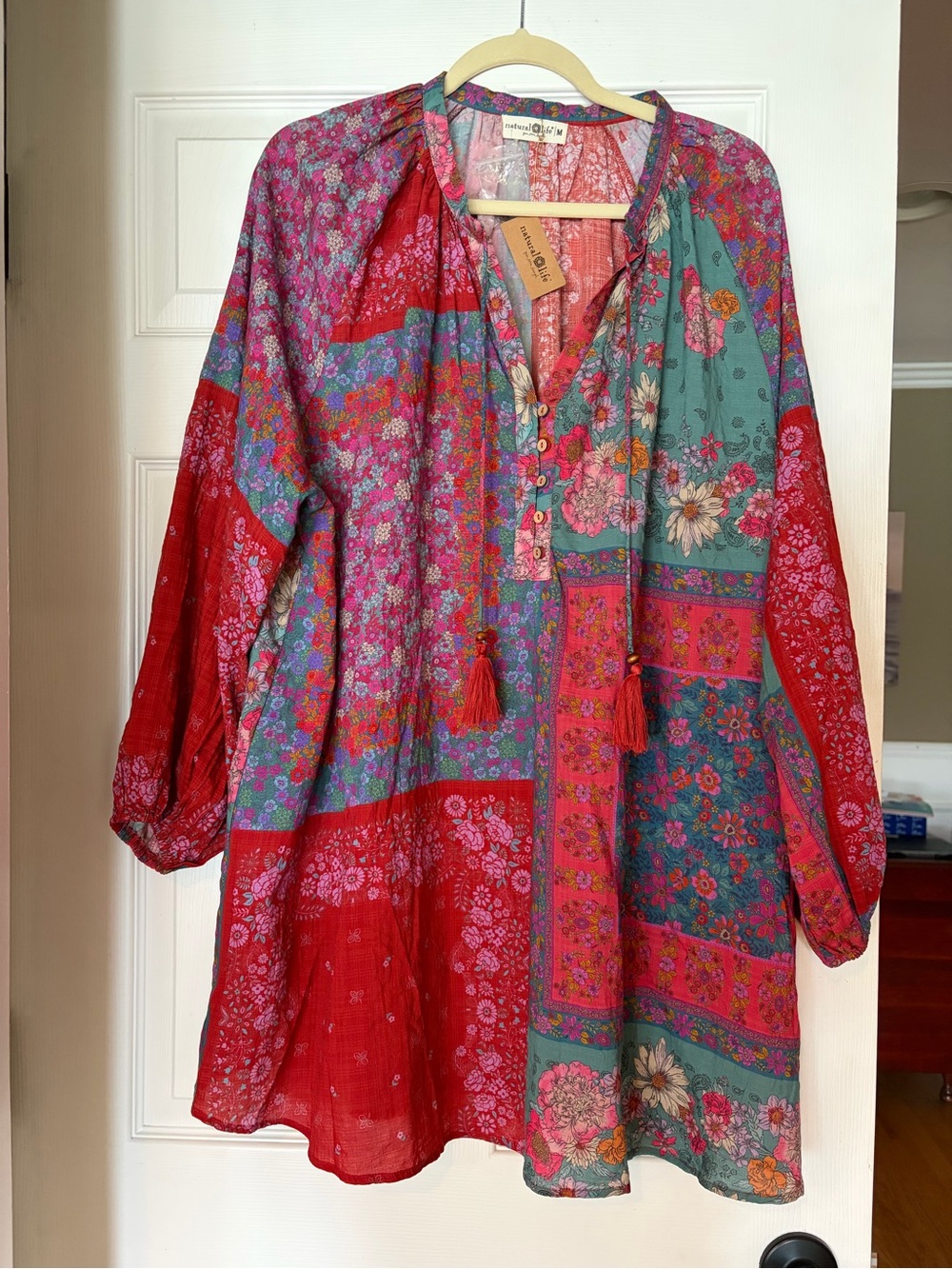 NATURAL LIFE Red & Teal Floral Patchwork Peasant Tunic